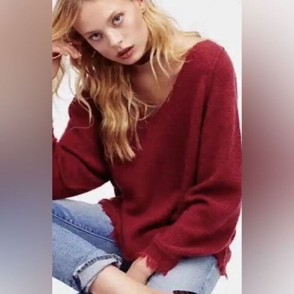 Free People V Neck Wool Blend Fringe Sweater - Picture 1 of 10